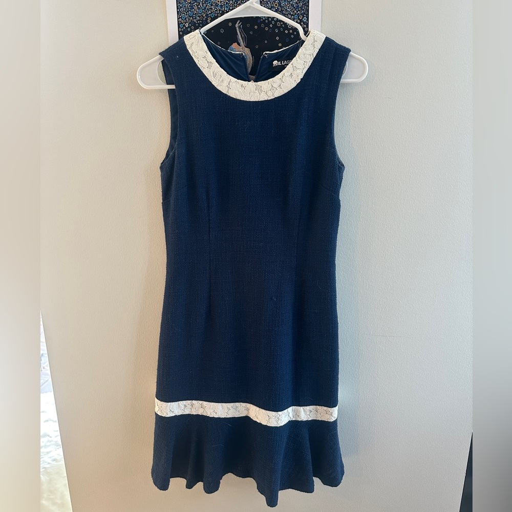 Karl Lagerfeld Navy Blue Tweed Sleeveless Dress with White Details